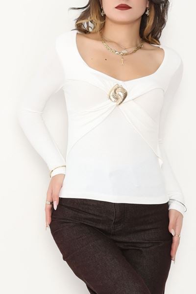 Buzzy Kumaş V Yaka Tokalı Bluz Ekru - 1074.2119.