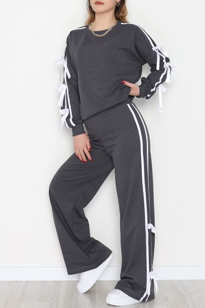 Özel Tasarım İki İplik Kurdele Detay Eşofman Takım Füme - 70164.1857.