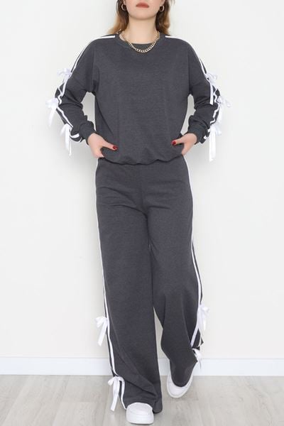 Özel Tasarım İki İplik Kurdele Detay Eşofman Takım Füme - 70164.1857.