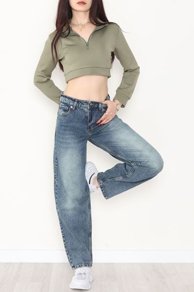 Arkası Tokalı Baggy Kot Pantolon Yeşiltint - 31712.2059.