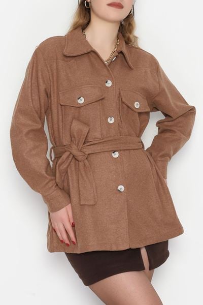 Çift Cepli Kuşaklı Tunik Gömlek Taba - 70991.1775.