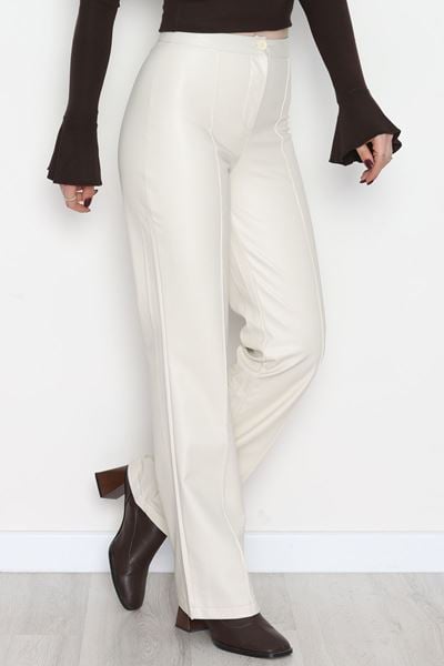 Pu Deri Çımalı Pantolon Krem - 51099.1779.