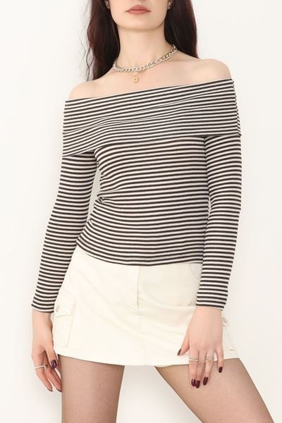 Madonna Yaka Likralı Kaşkorse Bluz Kahvebeyaz - 42765.1567.