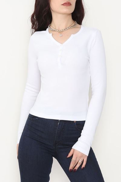 Ribana Kumaş V Yaka Düğme Detay Body Beyaz - 21926.200.