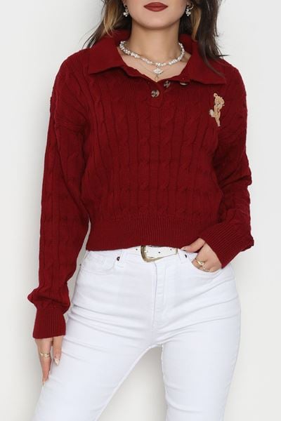 Saç Örgü Nakışlı Triko Kazak Bordo - 2162.1247.