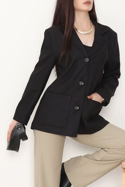 Üstten Takma Cep Süet Ceket Siyah - 6291.424.