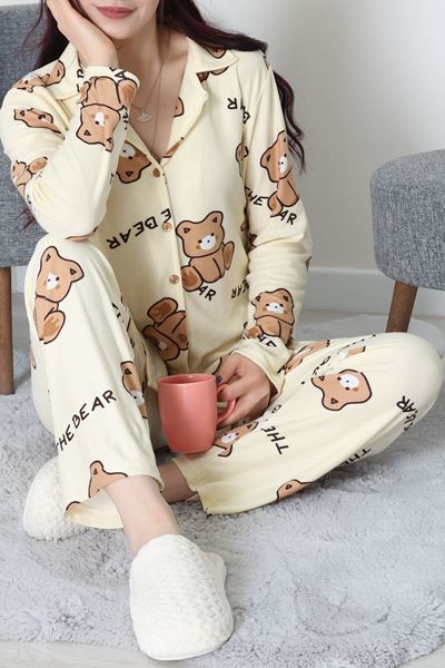 Düğmeli Süet Pijama Takımı Bejayı - 450.1287.