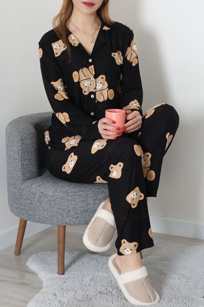 Düğmeli Süet Pijama Takımı Siyahayı - 450.1287.