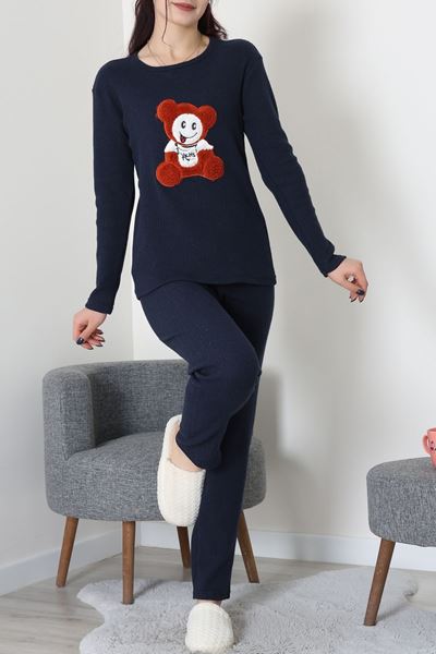 Nakışlı İnterlok Pijama Takımı Lacivertoranj - 800.1287.