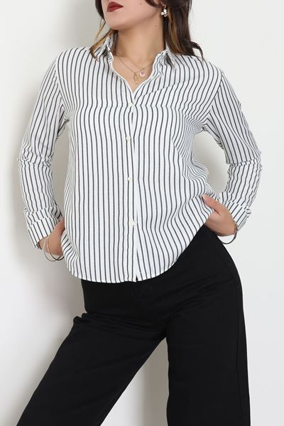 Pamuk Polyester Çizgili Gömlek Beyazsiyah - 51064.147.