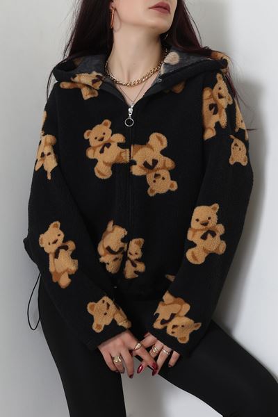 Baskılı Kapşonlu Polar Ceket Siyah - 31711.1247.