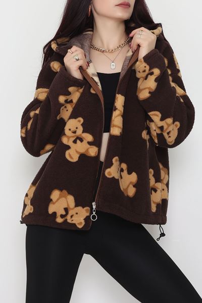 Baskılı Kapşonlu Polar Ceket Kahve - 31711.1247.