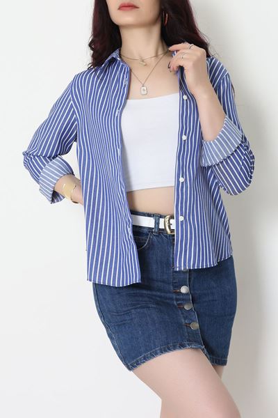 Pamuk Polyester Çizgili Gömlek Koyumavibeyaz - 51064.147.