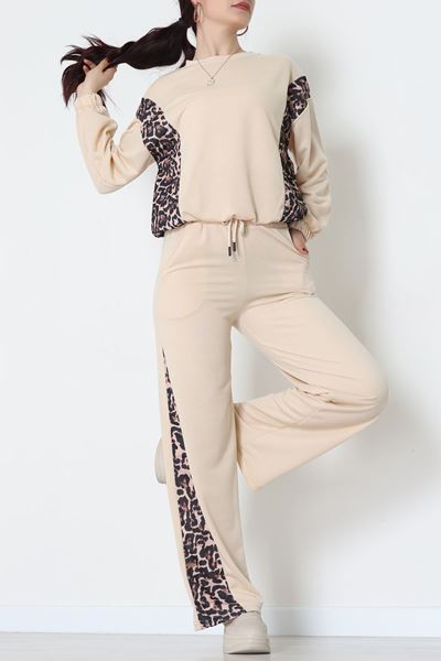 2 İplik Leopar Detaylı Eşofman Takımı Bej - 55028.1005.