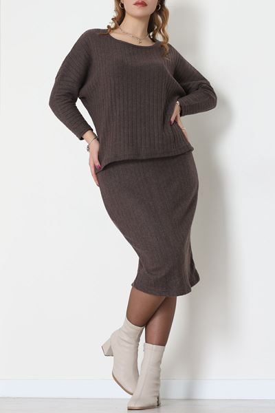 Kaşkorse Kumaş Omuz Düşümlü Midi Boy Etekli Takım Kahve - 42800.1567.