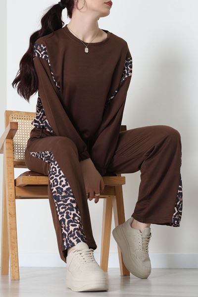 2 İplik Leopar Detaylı Eşofman Takımı Koyukahve - 55028.1005.