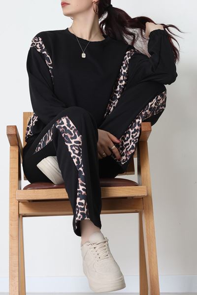 2 İplik Leopar Detaylı Eşofman Takımı Siyah - 55028.1005.