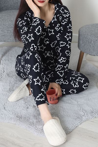Süet Düğmeli Pijama Takımı Lacivert - 52171.1050.