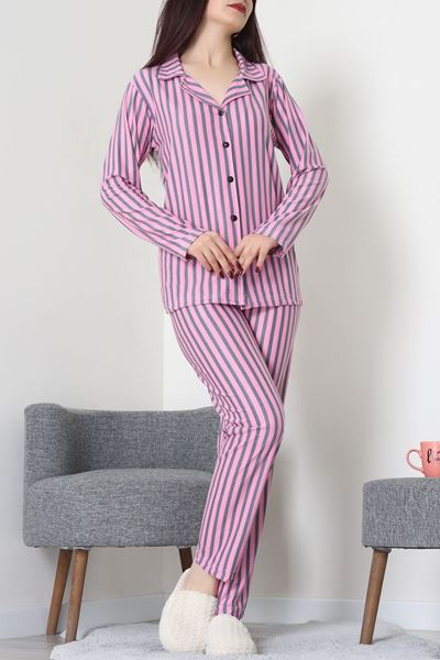 Süet Düğmeli Pijama Takımı Pembeçizgili - 52171.1050.