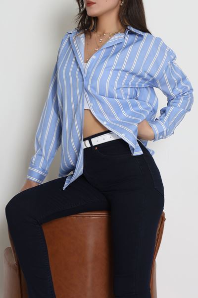 Pamuk Polyester Çizgili Oversize Gömlek Açıkmavi - 51052.147.