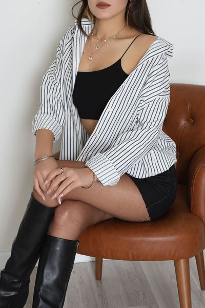 Pamuk Polyester Çizgili Oversize Gömlek Beyazsiyah - 51052.147.