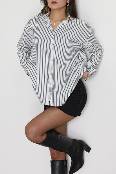 Pamuk Polyester Çizgili Oversize Gömlek Beyazsiyah - 51052.147.