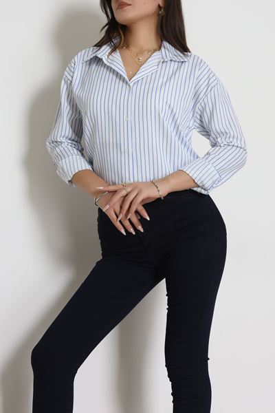 Pamuk Polyester Çizgili Oversize Gömlek Beyazmavi - 51052.147.