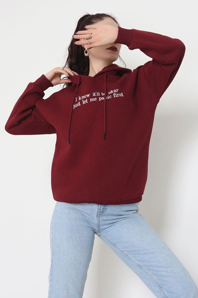 3 İplik Kapşonlu Nakışlı Sweat Bordobeyaz - 42231.1878.