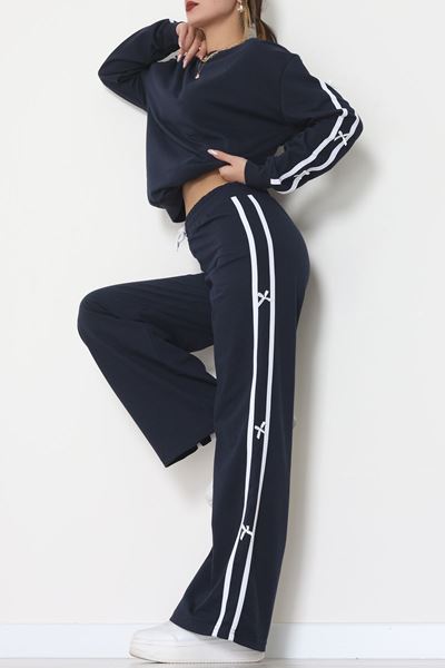 Şeritli Fiyonklu 2 İplik Eşofman Takımı Lacivert - 50788.1857.