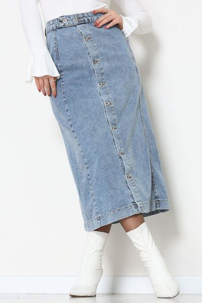 Düğmeli Kot Etek Açıkmavi - 31556.2088.