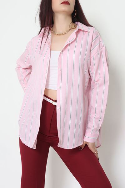 Pamuk Polyester Çizgili Oversize Gömlek Pembebeyaz - 51052.147.