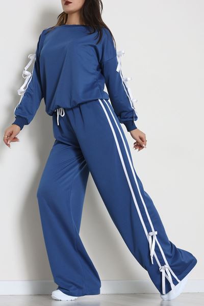 Özel Tasarım İki İplik Kurdele Detay Eşofman Takım İndigo - 70164.1857.