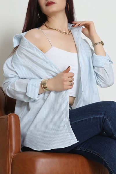 Pamuk Polyester Çizgili Oversize Gömlek Bebemavi - 51052.147.