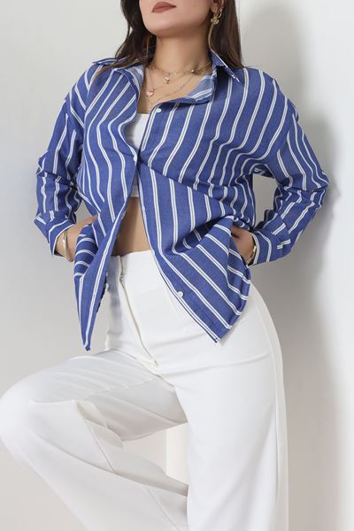 Pamuk Polyester Çizgili Oversize Gömlek Koyumavi1 - 51052.147.