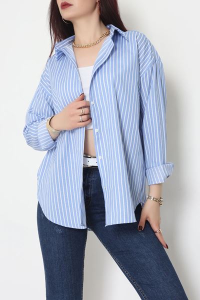 Pamuk Polyester Çizgili Oversize Gömlek Açıkmavibeyaz - 51052.147.