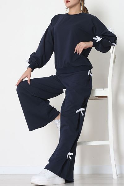 Özel Tasarımlı İki İplik Kurdeleli Eşofman Takım Lacivert - 70165.1857.