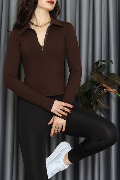 Modal Kumaş Polo Yaka Bluz Kahve - 71793.444.