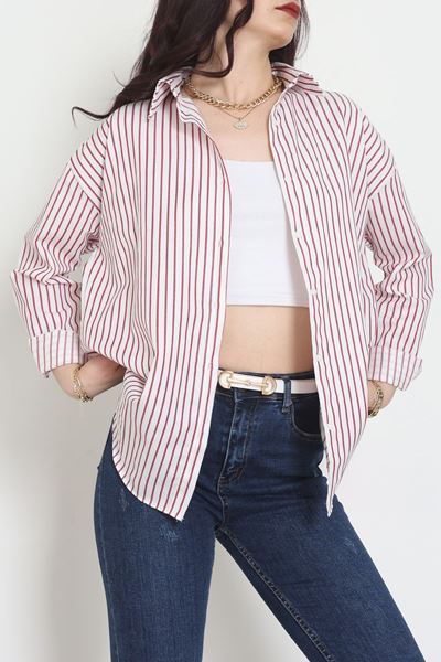 Pamuk Polyester Çizgili Gömlek Bordobeyaz2 - 51064.147.