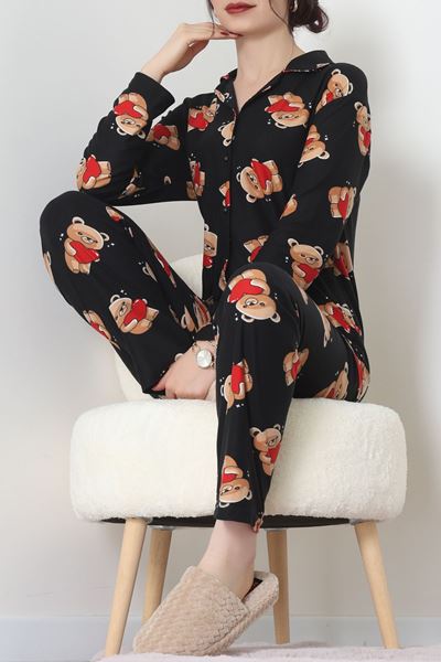 Süet Düğmeli Pijama Takımı Siyah - 55014.1048.