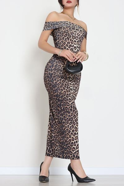 Sandy Kumaş Straplez Yaka Midi Boy Elbise Leopar - 70818.1794.