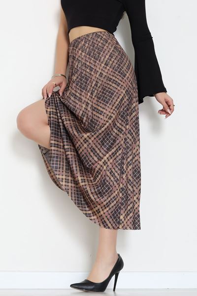 Laklı Denye Piliseli Ekose Etek Kahve - 51252.2036.