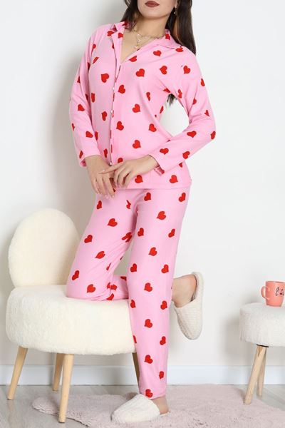 Süet Düğmeli Pijama Takımı Pembekalp - 52179.2124.