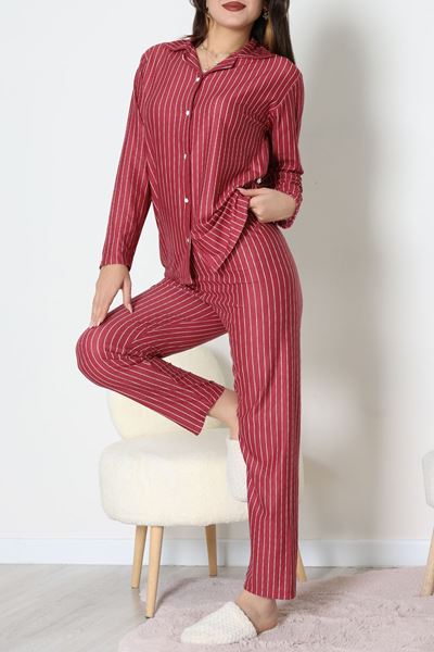 Süet Düğmeli Pijama Takımı Bordoçizgi - 52179.2124.