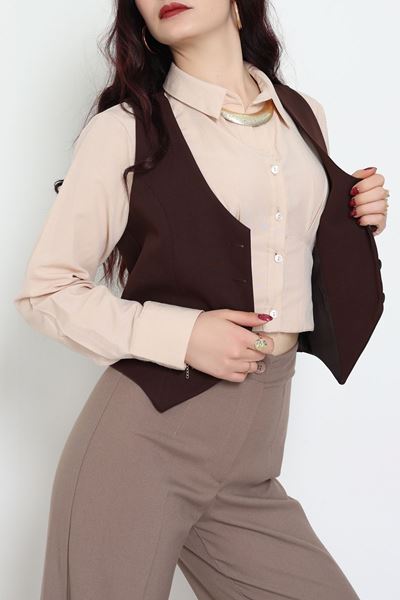 Dabıl Kumaş Fleto Cepli Astarlı Yelek Kahve - 51230.1991.