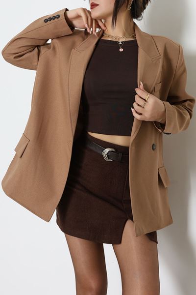 Yandan Yırtmaçlı Astarlı Blazer Ceket Vizon - 6326.001.