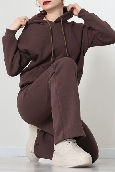 Üç İplik Kanguru Cep Eşofman Takımı Kahve - 70777.1878.