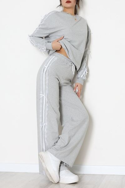 Dantel Şeritli 2 İplik Eşofman Takımı Gri - 50801.1857.