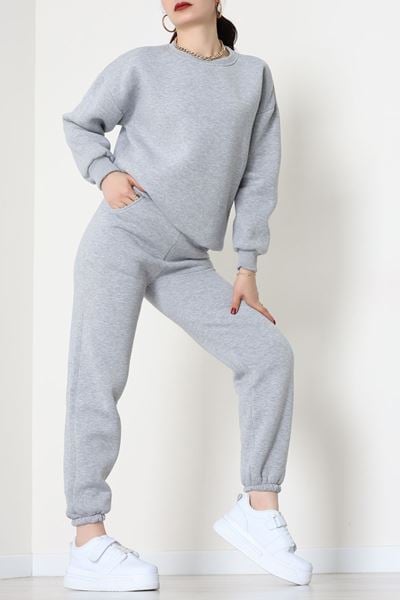 3 İplik Bisiklet Yaka Eşofman Takımı Gri - 20779.1878.