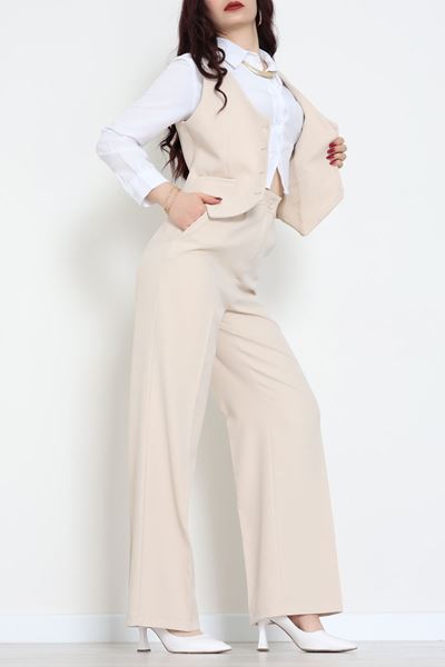 Dabıl Kumaş Fleto Cep Yelek Pantolon İkili Takım Bej - 70878.1991.