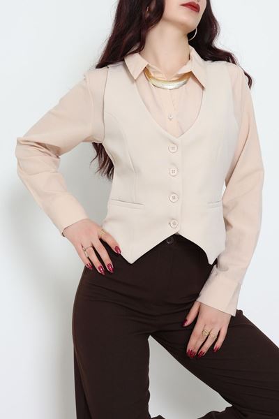 Dabıl Kumaş Fleto Cepli Astarlı Yelek Bej - 51230.1991.